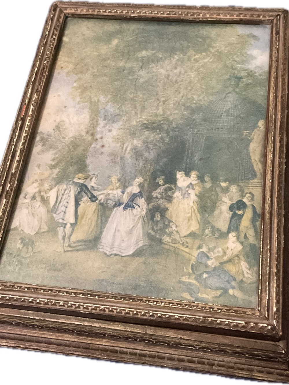 Antique Wood & Glass Jewelry Box: Victorian Garden Scene w/mirror